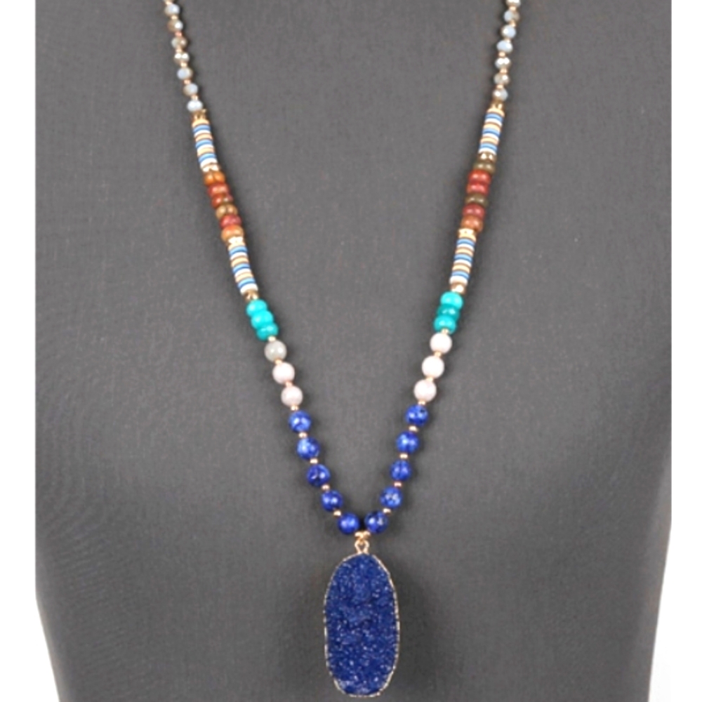 Navy Druzy Stone Long Necklace